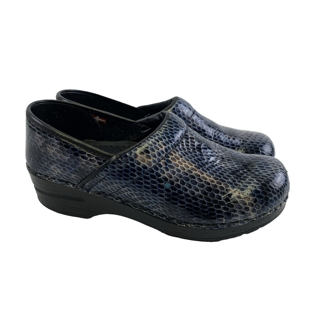 Sanita Blue Tan Snakeskin Clog Slip On Patent Leather Comfort Womens 38 US 7